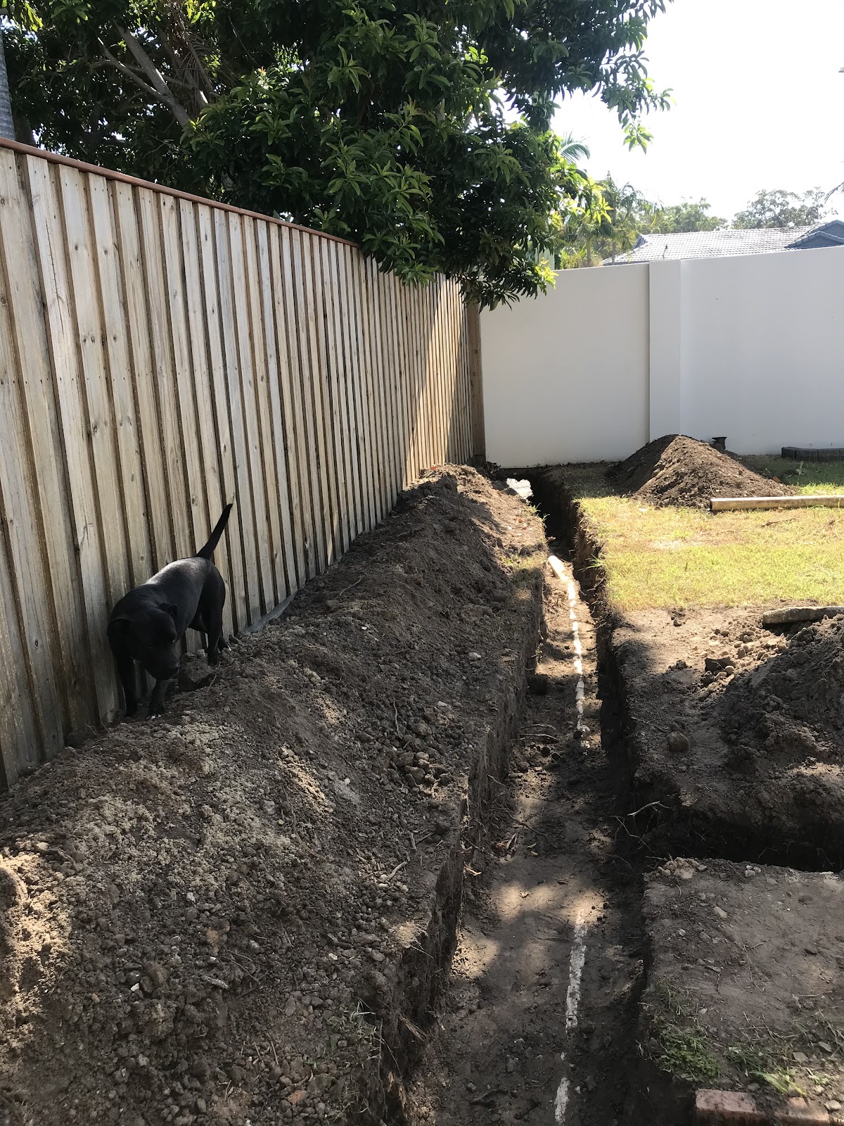 Drainage trench dug along a timber fence line in a backyard
